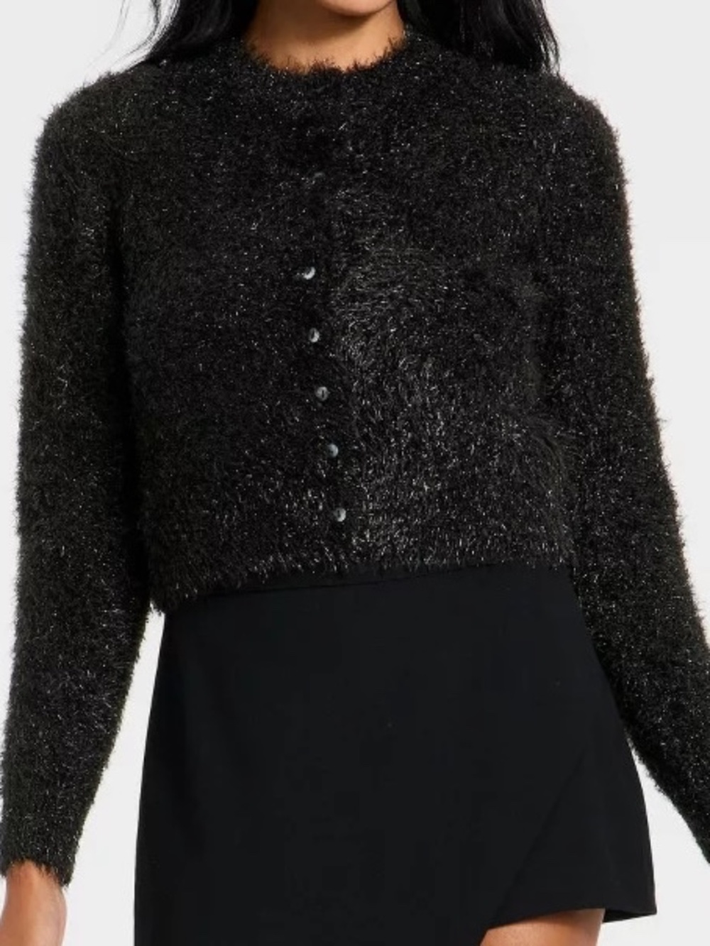 A New Day Womens Small Button Cardigan Sweater Black Faux Fur Fuzzy Knit Cropped